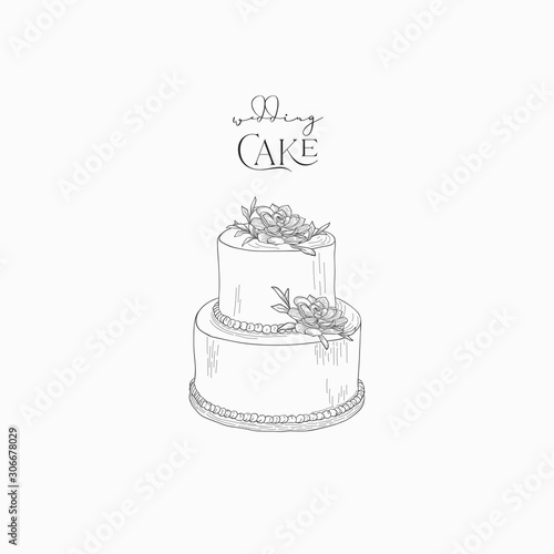Hand drawn wedding cake with flowers vector illustration sketch, logo, branding