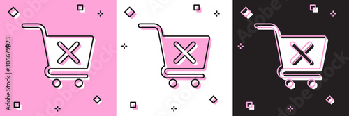 Set Remove shopping cart icon isolated on pink and white, black background. Online buying concept. Delivery service sign. Supermarket basket and X mark. Vector Illustration