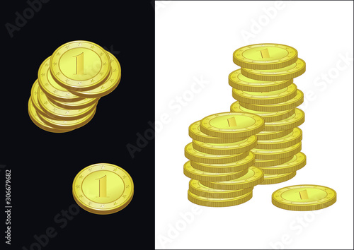 Deux images avec des pièces en or avec le chiffre 1 empilées les unes sur les autres avec deux perspectives différentes, fond noir et  fond blanc.