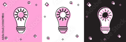 Set Solar energy panel icon isolated on pink and white, black background. Sun and light bulb. Vector Illustration