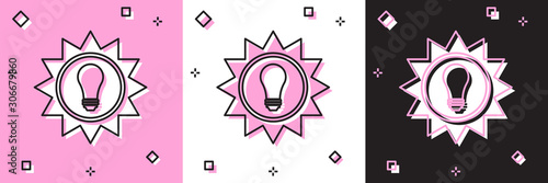 Set Solar energy panel icon isolated on pink and white, black background. Sun and light bulb. Vector Illustration