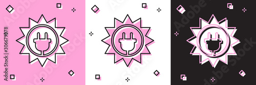 Set Solar energy panel icon isolated on pink and white, black background. Sun and electric plug. Vector Illustration