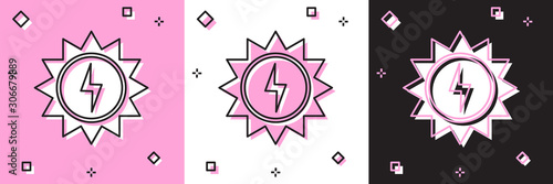Set Solar energy panel icon isolated on pink and white, black background. Sun with lightning symbol. Vector Illustration