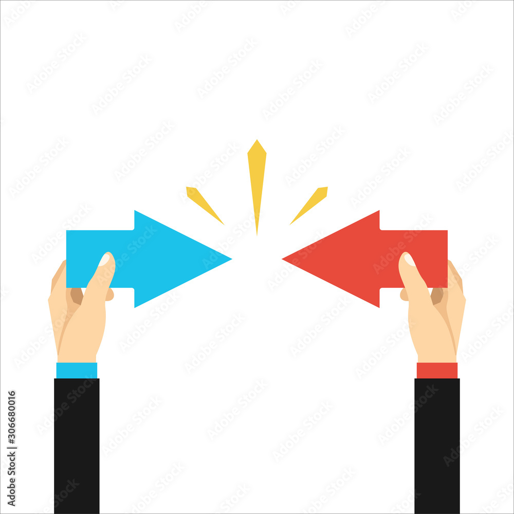 Conflict of interest. Business concept. arrows red and blue against