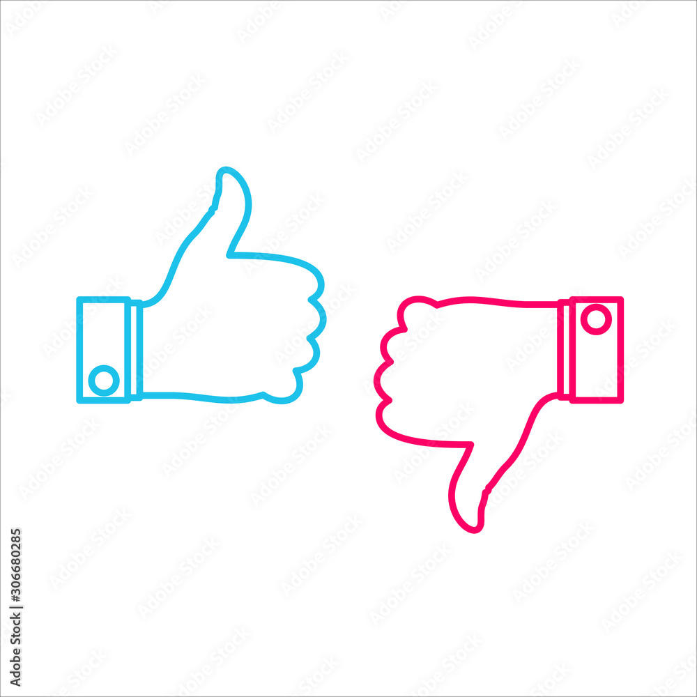 Thumbs up and thumbs down icons.Vector line icons set isolated on white background Thumbs up and thumbs down icons.Vector line icons set isolated on white background