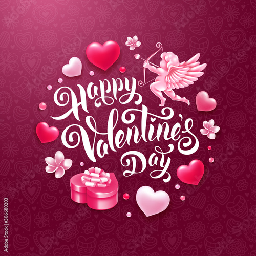Valentines Day Greeting Card With Cupid, Gift And Hearts