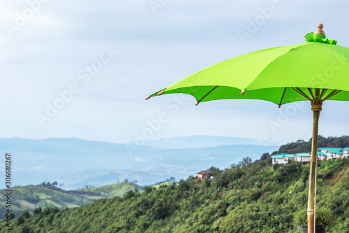 Close up green parasol on the hill with high angle tropical rainforest mountains background