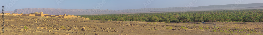 Panorama of the Draa Valley with date palms near Ksar Tissergate on road 9 just north of Zagora