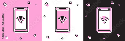 Set Smartphone with free wi-fi wireless connection icon isolated on pink and white, black background. Wireless technology, wi-fi connection, wireless network. Vector Illustration