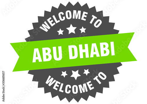 Abu Dhabi sign. welcome to Abu Dhabi green sticker