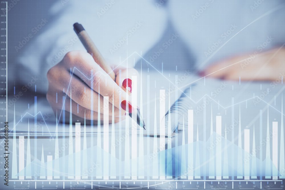 Double exposure of woman's hands making notes with forex graph hologram. Concept stock market analysis. Double exposure of woman's hands making notes with forex graph hologram. Concept stock market analysis.