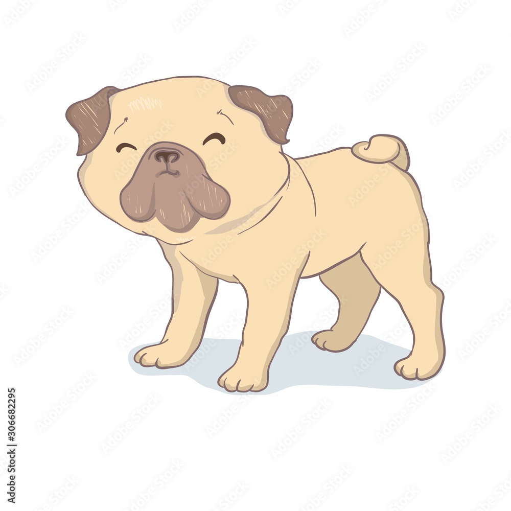 Fototapeta premium Adorable beige puppy Pug with a pink donut. Have a sweet day - lettering quote. Humor card, t-shirt composition, hand drawn style print. Vector illustration.