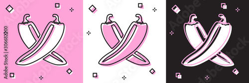 Set Crossed hot chili pepper pod icon isolated on pink and white, black background. Design for grocery, culinary products, seasoning and spice package. Vector Illustration