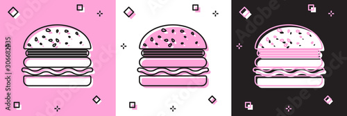 Set Burger icon isolated on pink and white, black background. Hamburger icon. Cheeseburger sandwich sign. Vector Illustration