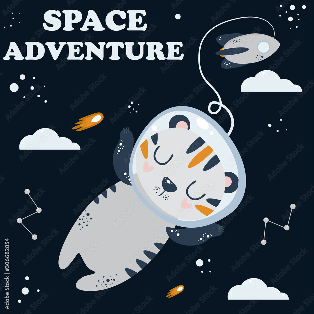 cute poster with astronaut tiger in space - vector illustration, eps