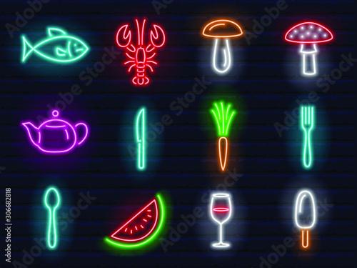 collection of colorful neon web signs and icons. food theme