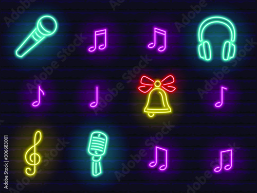 collection of colorful neon web signs and icons of music theme