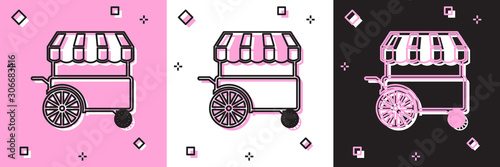 Set Fast street food cart with awning icon isolated on pink and white, black background. Urban kiosk. Vector Illustration
