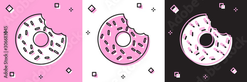 Set Donut with sweet glaze icon isolated on pink and white, black background. Vector Illustration