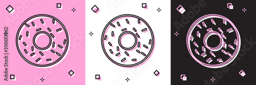 Set Donut with sweet glaze icon isolated on pink and white, black background. Vector Illustration