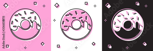Set Donut with sweet glaze icon isolated on pink and white, black background. Vector Illustration