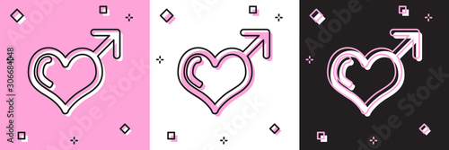 Set Male gender symbol and heart icon isolated on pink and white, black background. Vector Illustration