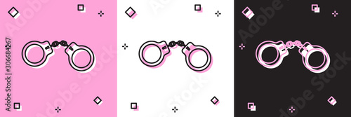 Set Handcuffs icon isolated on pink and white, black background. Vector Illustration