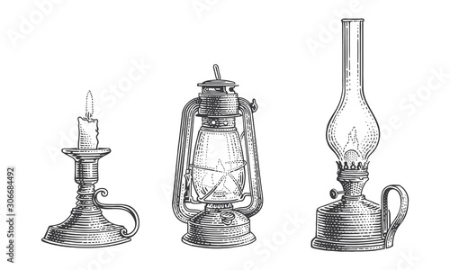 Old vintage oil lamps and candle engraving line illustration. Vector. 