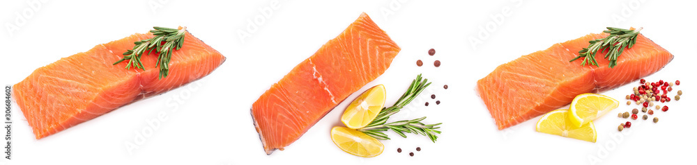 fillet of red fish salmon with lemon and rosemary isolated on white background. Top view. Flat lay. Set or collection fillet of red fish salmon with lemon and rosemary isolated on white background. Top view. Flat lay. Set or collection