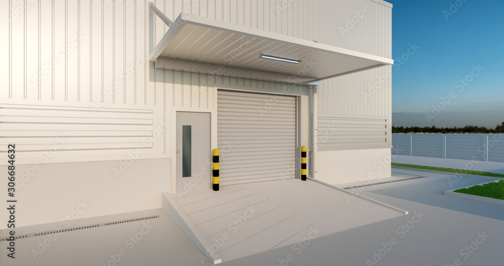 Roller door or roller shutter. Also called security door or security shutter. For protection home and industrial building i.e. factory, warehouse, hangar, workshop, store, hall or garage. 3d render.