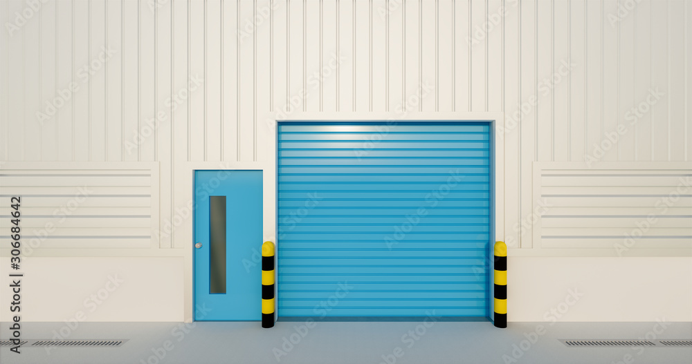 Roller door or roller shutter. Also called security door or security shutter. For protection home and industrial building i.e. factory, warehouse, hangar, workshop, store, hall or garage. 3d render. Roller door or roller shutter. Also called security door or security shutter. For protection home and industrial building i.e. factory, warehouse, hangar, workshop, store, hall or garage. 3d render.