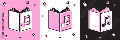 Set Audio book icon isolated on pink and white, black background. Musical note with book. Audio guide sign. Online learning concept. Vector Illustration