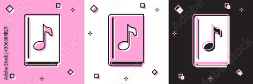 Set Audio book icon isolated on pink and white, black background. Musical note with book. Audio guide sign. Online learning concept. Vector Illustration