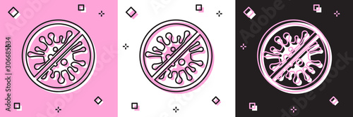 Set Stop virus, bacteria, germs and microbe icon isolated on pink and white, black background. Antibacterial and antiviral defence, protection infection. Vector Illustration