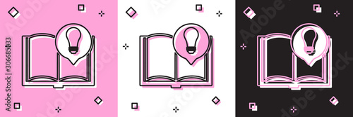 Set Interesting facts icon isolated on pink and white, black background. Book or article and light bulb. Vector Illustration