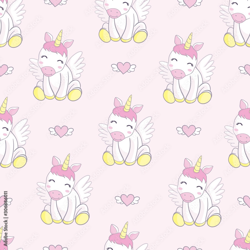 cute seamless pattern with cartoon unicorn, magic wand and rainbow. wrapping paper design, children's illustration cute seamless pattern with cartoon unicorn, magic wand and rainbow. wrapping paper design, children's illustration