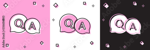 Set Speech bubbles with Question and Answer icon isolated on pink and white, black background. Q and A symbol. FAQ sign. Chat speech bubble and chart. Vector Illustration