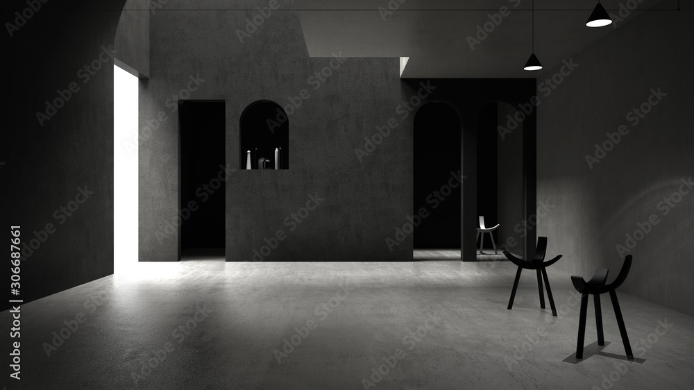 Classic gray concrete interior space, sun light that cast shadow on the wall and floor, lobby, hall, living, lounge room, geometric structures design with pendant lamps and armchairs