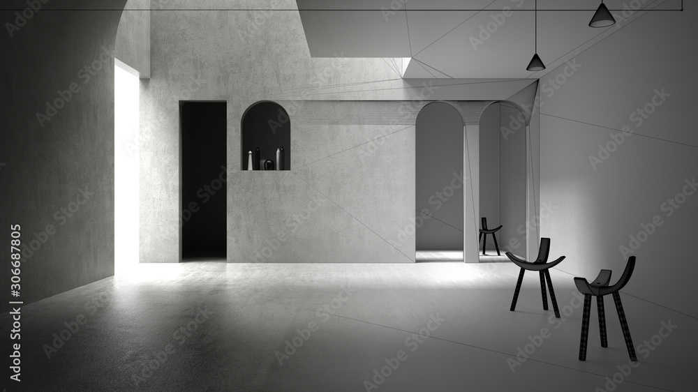 Architect interior designer concept: unfinished project that becomes real, classic interior space, lobby, hall, living, lounge, geometric structures design with lamps and armchairs Architect interior designer concept: unfinished project that becomes real, classic interior space, lobby, hall, living, lounge, geometric structures design with lamps and armchairs