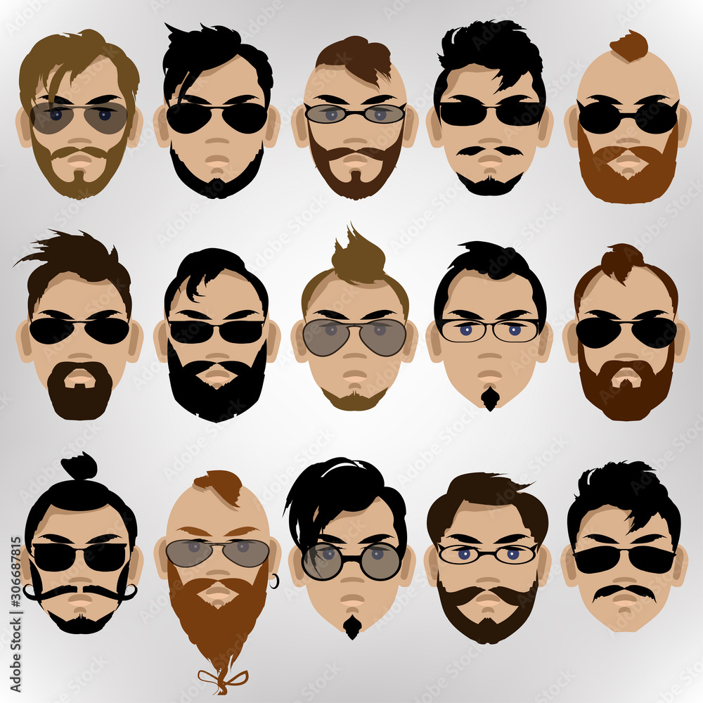 A set of men's faces with different hairstyles, beards, mustaches and sunglasses.Collection of hipsters. Vector illustration. A set of men's faces with different hairstyles, beards, mustaches and sunglasses.Collection of hipsters. Vector illustration.