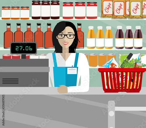 Saleslady standing at checkout and ringing up grocery purchases. Flat style vector illustration.