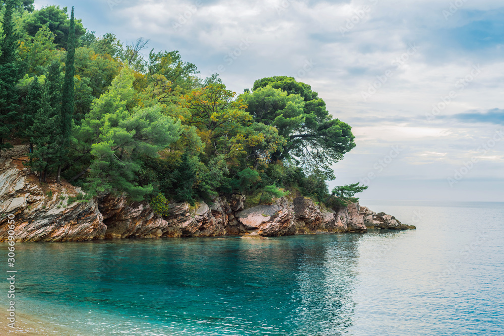 Rocky shore of a small Cape covered with pine forest and cypresses. Azure clear clear water of the Adriatic sea. Rocky shore of a small Cape covered with pine forest and cypresses. Azure clear clear water of the Adriatic sea.