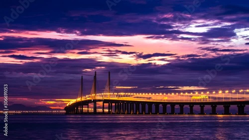 4K Time Lapse view of sunrise from Penang Bridge of George Town