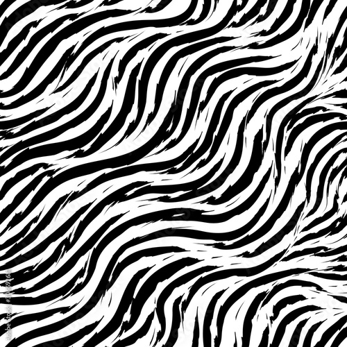 Seamless vector pattern of curving stripes with torn edges. black strokes of paint on a white background. Print for clothes or wrapping paper