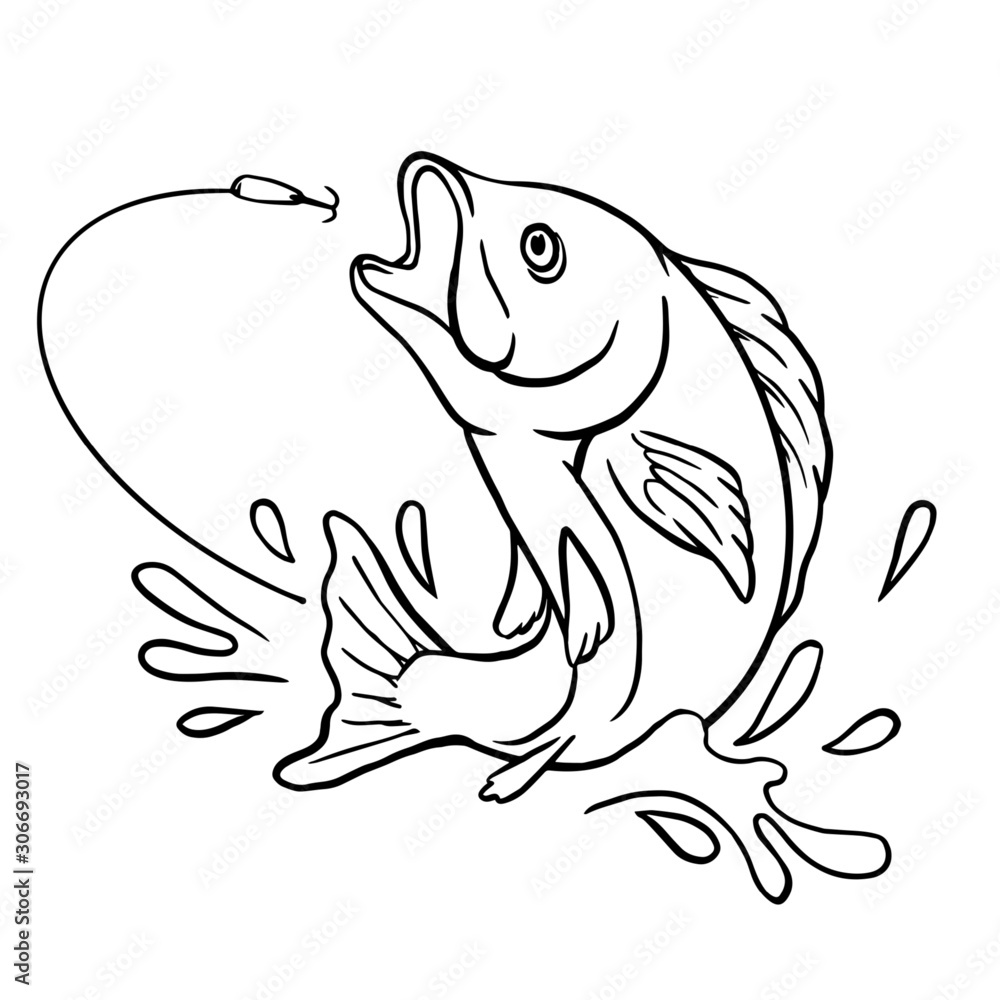 Fishing outline drawing. fish jump to eat bait hook with splash