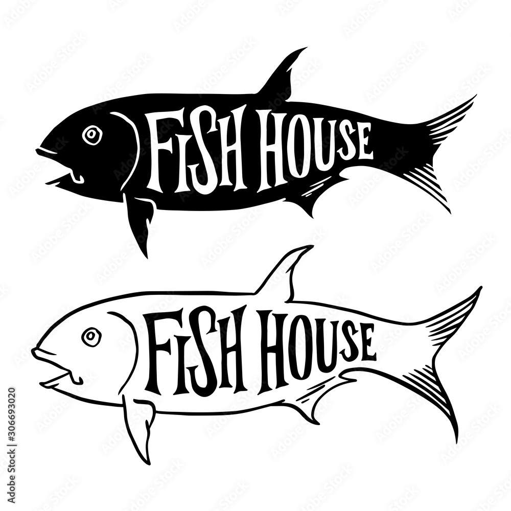 Fish house lettering typography text on big tuna fish vector illustration  for fish shop logo badge design Stock-Vektorgrafik | Adobe Stock