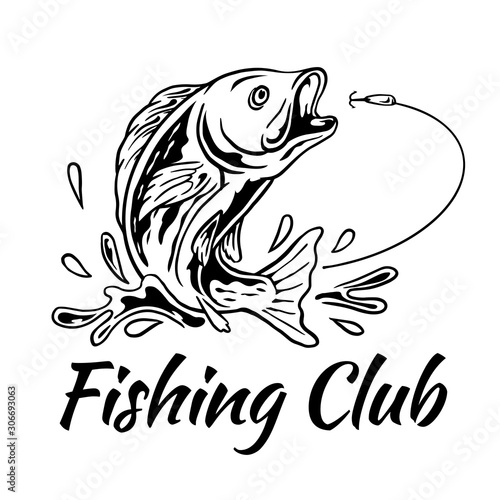 fish jumping for bait hook with splash water vector illustration for fisherman club fishing tournament logo badge template design