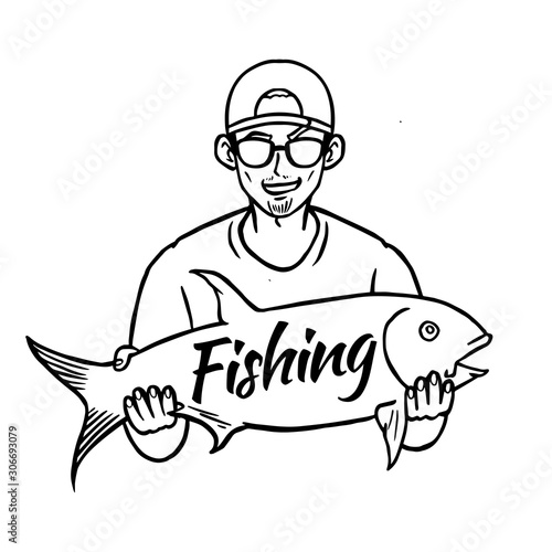 Fisherman holding big tuna fish vector illustration for fishing activity concept line art design