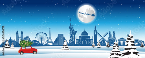 Red car run across snow and world landmarks with Christmas tree to send gifts to everyone,vector illustration
