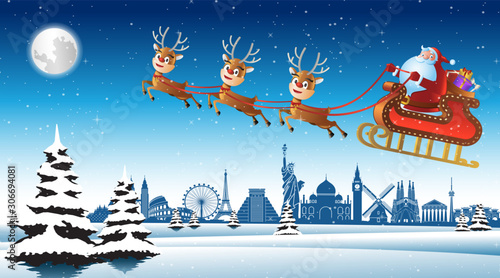 Santa claus ride sleigh with deer fly over landmarks of the world to send gift to everyone,vector illustration